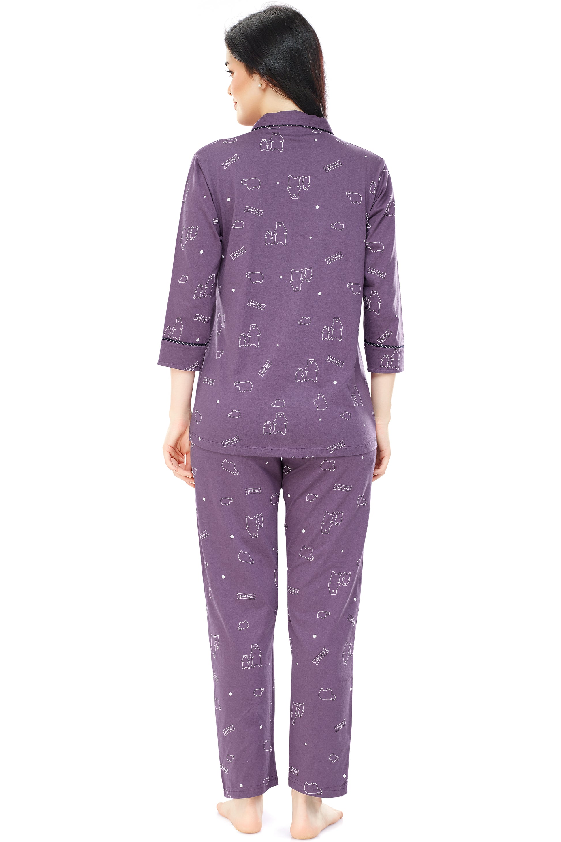 ZEYO Women's Cotton Purple Bear Printed Stylish Night suit set