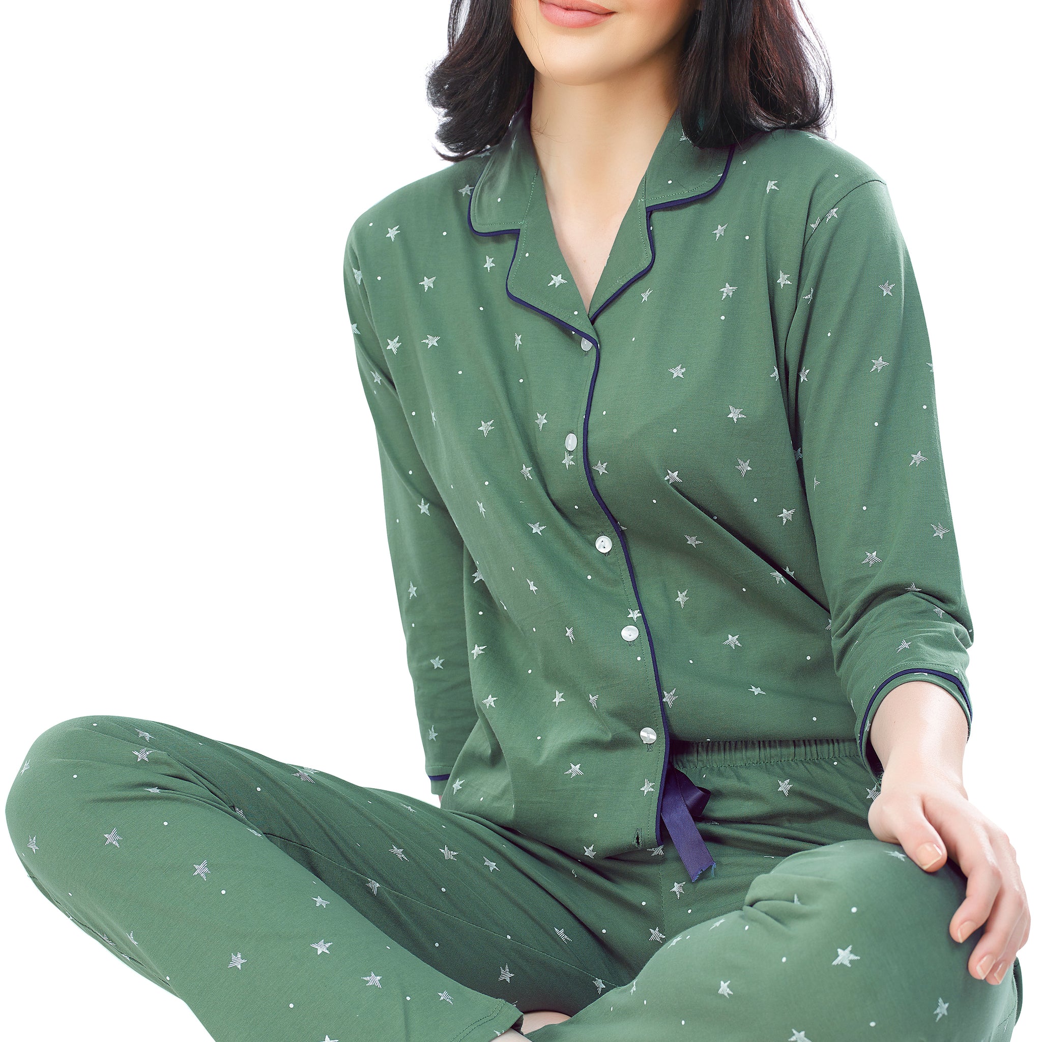 ZEYO Women's Cotton Green Star Printed Stylish Night suit set