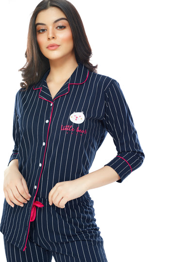 ZEYO Women's Cotton Navy Blue Striped Printed Stylish Night suit set