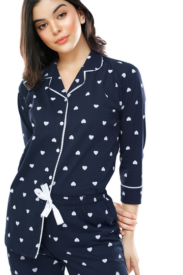 ZEYO Women's Cotton Navy Blue Heart Printed Stylish Night suit set