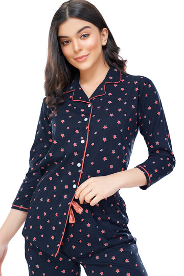 ZEYO Women's Cotton Navy Blue Star Printed Stylish Night suit set