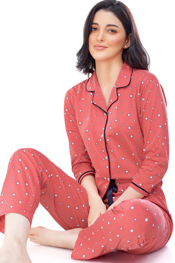 ZEYO Women's Cotton Brown Star Printed Stylish Night suit set
