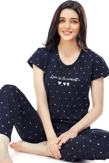 ZEYO Women's Cotton Navy Blue Heart Printed Stylish Night suit set