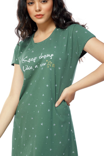 ZEYO Women Cotton Night Dress Green Star Print Short Nighty