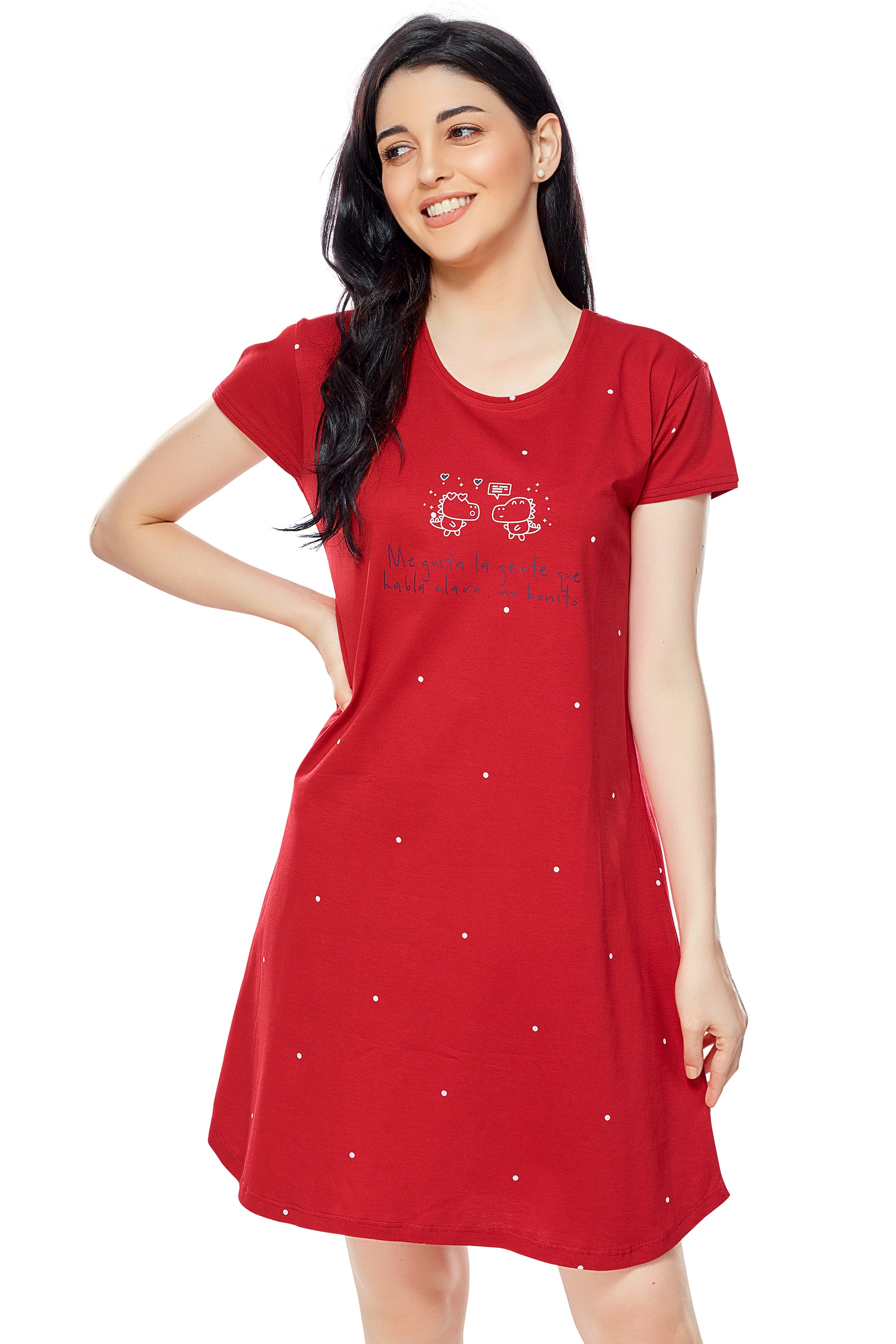 ZEYO Women Cotton Night Dress Red Dot Print Short Nighty