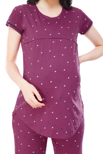 ZEYO Women Cotton Plum Red Heart Print Maternity & Feeding Night Suit