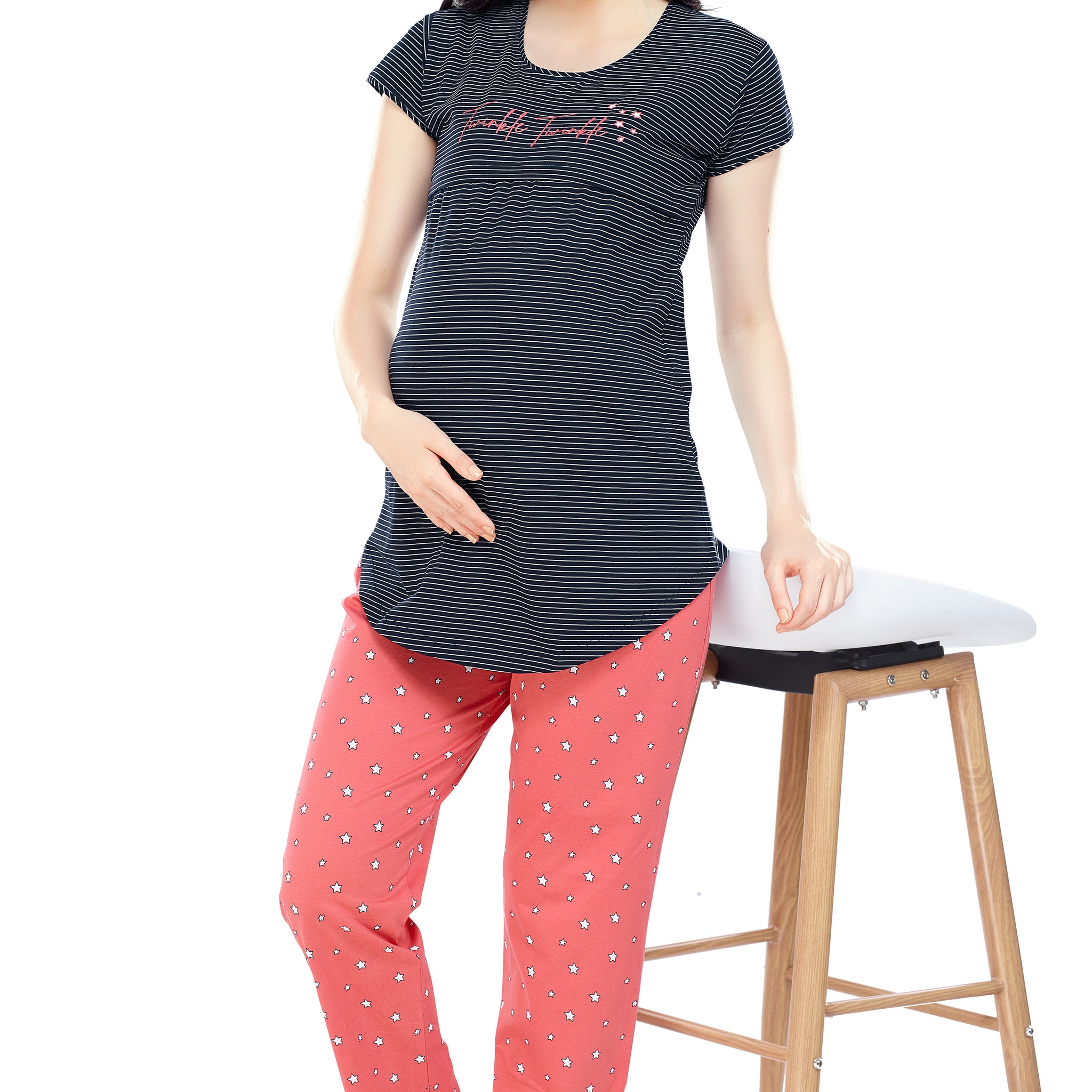 ZEYO Women Cotton Navy Blue Striped And Star Print Maternity & Feeding Night Suit