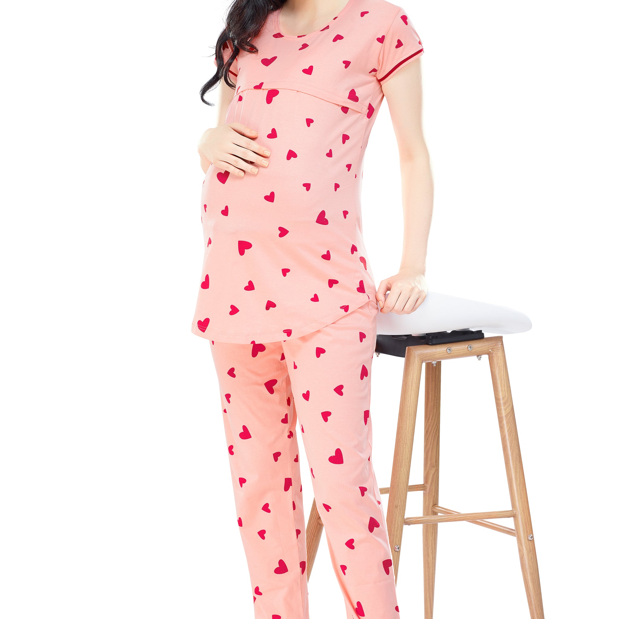 ZEYO Women Cotton Pink Heart Print Maternity & Feeding Night Suit