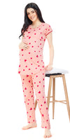 ZEYO Women Cotton Pink Heart Print Maternity & Feeding Night Suit