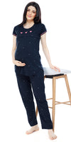 ZEYO Women Cotton Navy Blue Dot Print Maternity & Feeding Night Suit