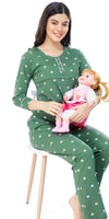 ZEYO Women Cotton Green Heart Print Nursing & Feeding Night Suit