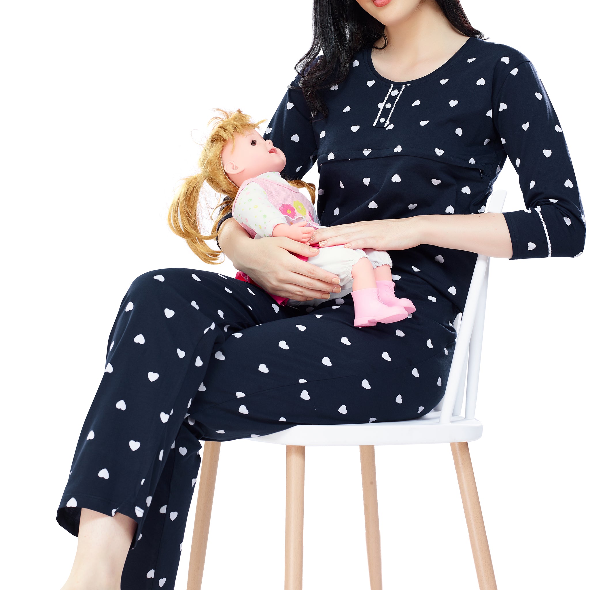 ZEYO Women Cotton Navy Blue Heart Print Nursing & Feeding Night Suit