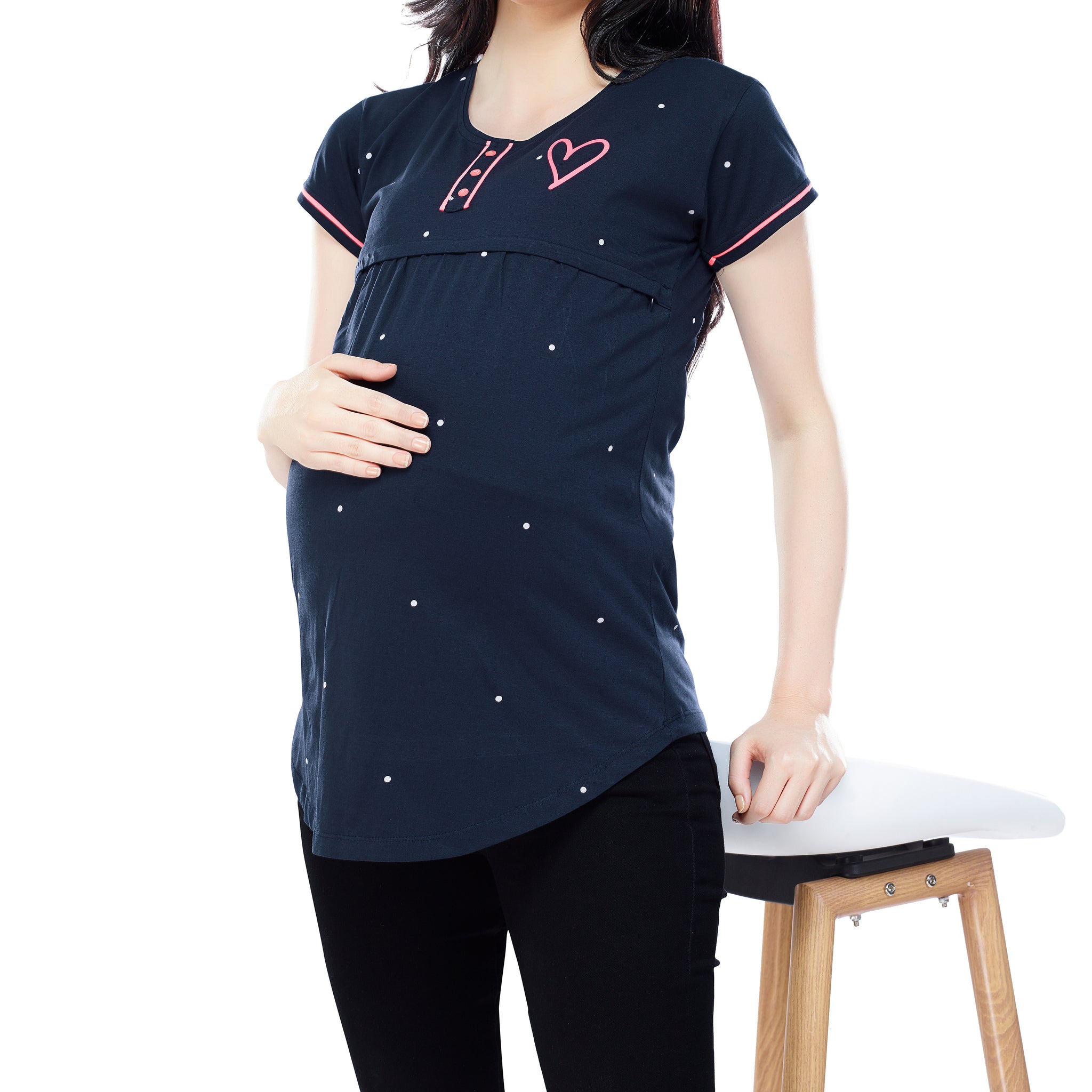 ZEYO Women Cotton Navy Blue Dot Print Maternity & Feeding Top