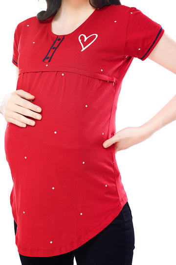 ZEYO Women Cotton Red Dot Print Maternity & Feeding Top
