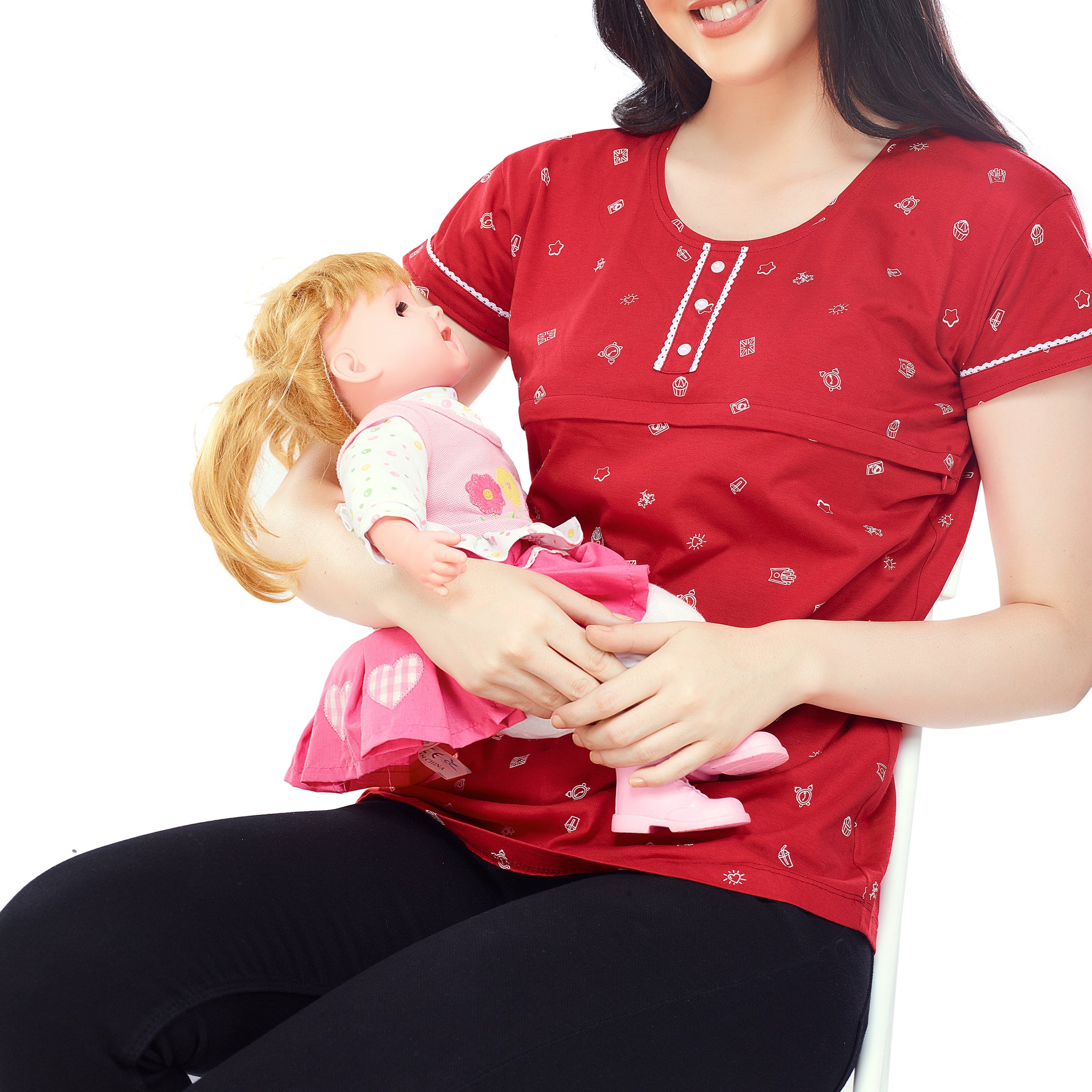 ZEYO Women Cotton Red Printed Maternity & Feeding Top
