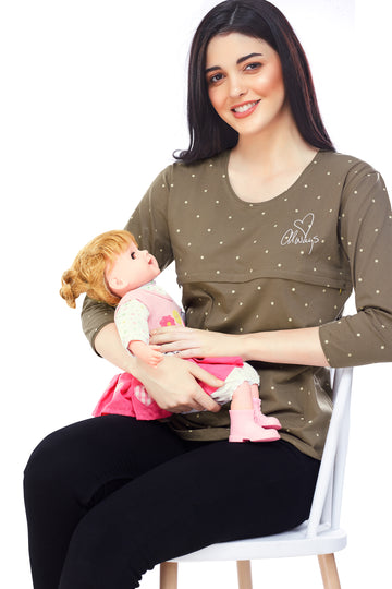 ZEYO Women Cotton Brown Dot Print Maternity & Feeding Top