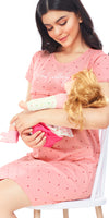 ZEYO Women Cotton Pink Dot Print Nursing & Feeding Night Dress