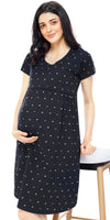 ZEYO Women Cotton Navy Blue Heart Print Maternity & Feeding Night Dress