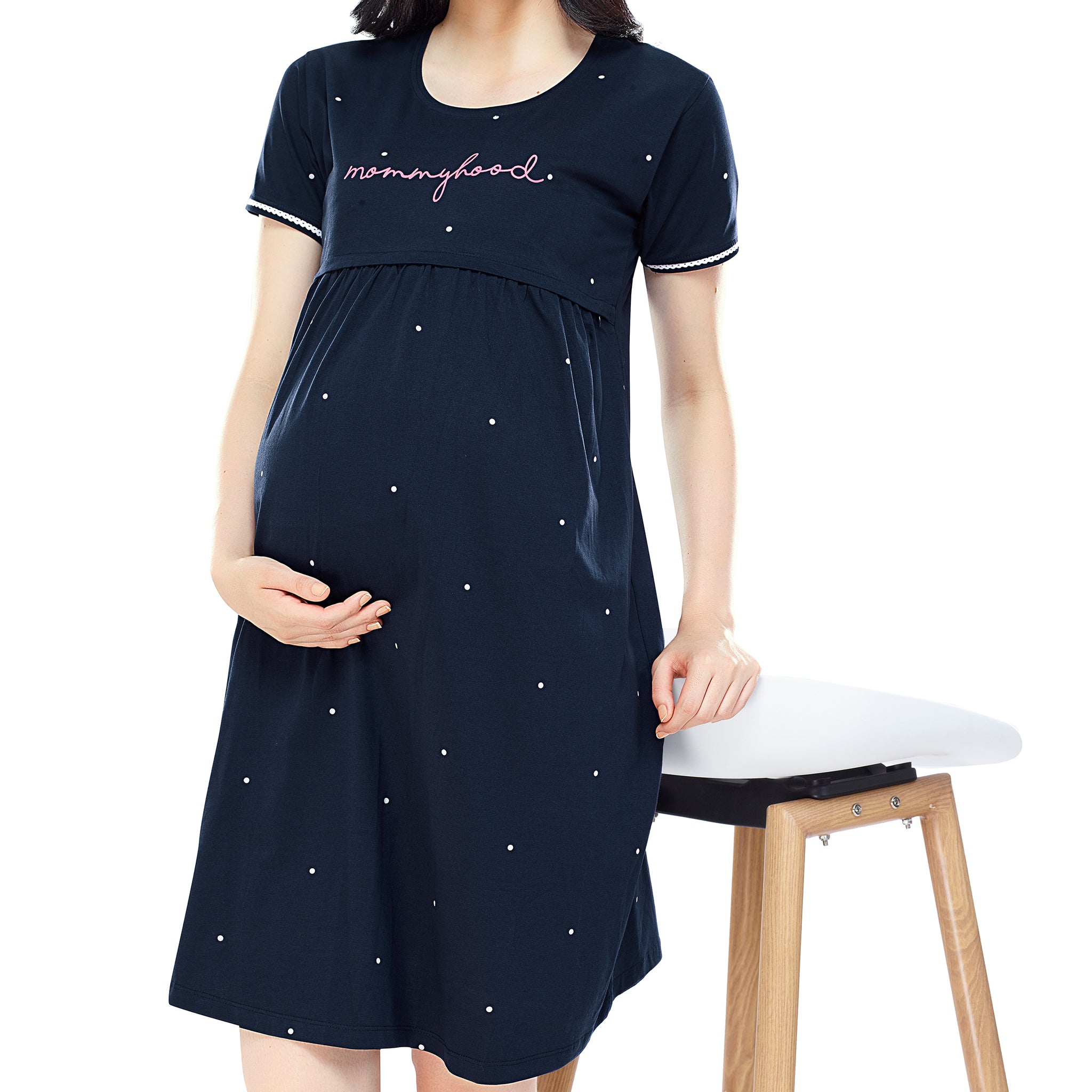 ZEYO Women Cotton Navy Blue Dot Print Maternity & Feeding Night Dress