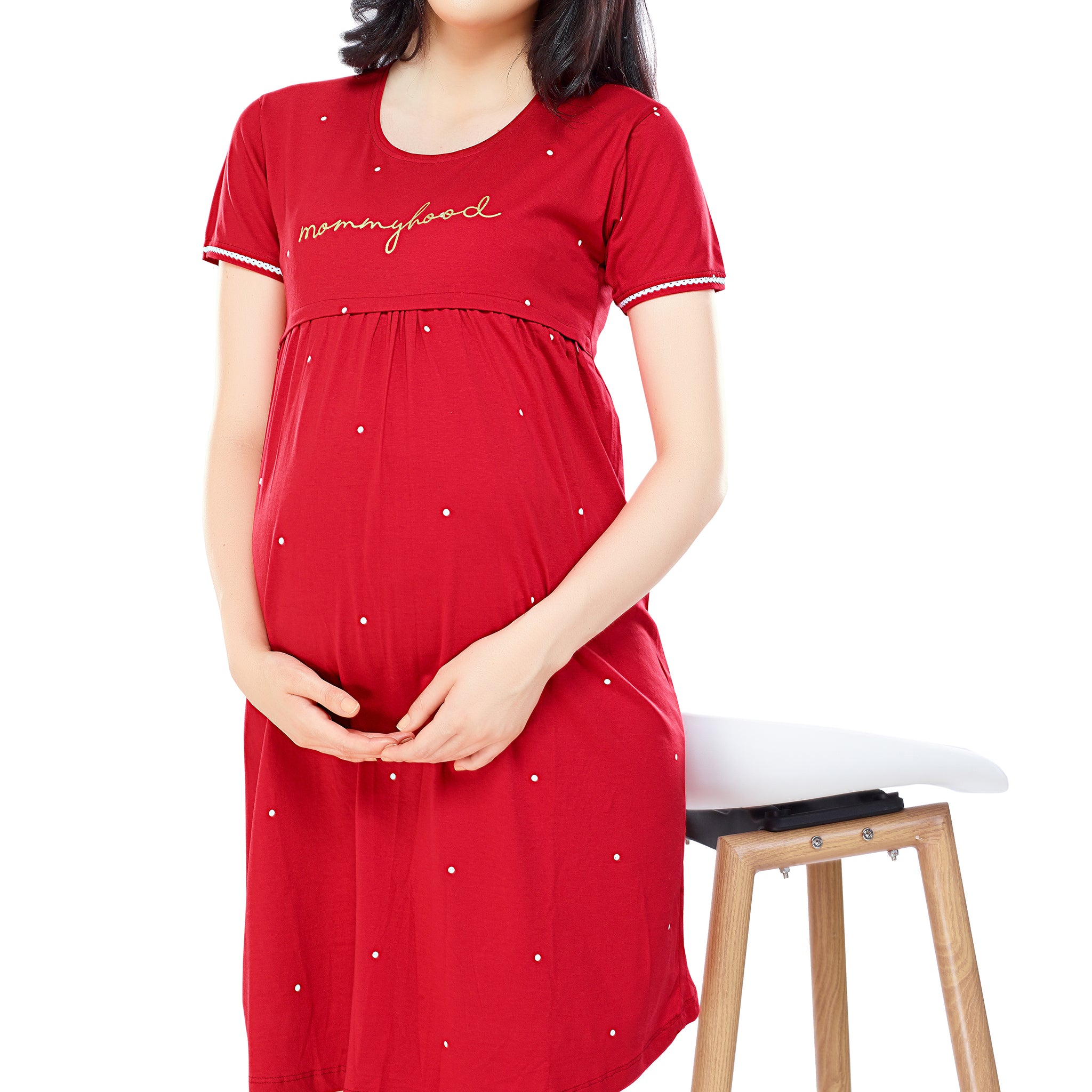 ZEYO Women Cotton Red Dot Print Maternity & Feeding Night Dress