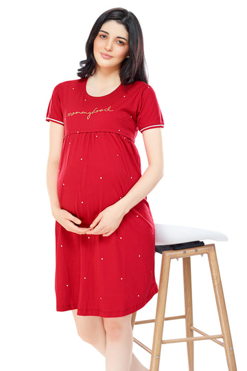 ZEYO Women Cotton Red Dot Print Maternity & Feeding Night Dress