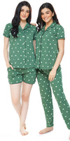 ZEYO Women's Cotton 3PCS Green Heart Printed Night suit set