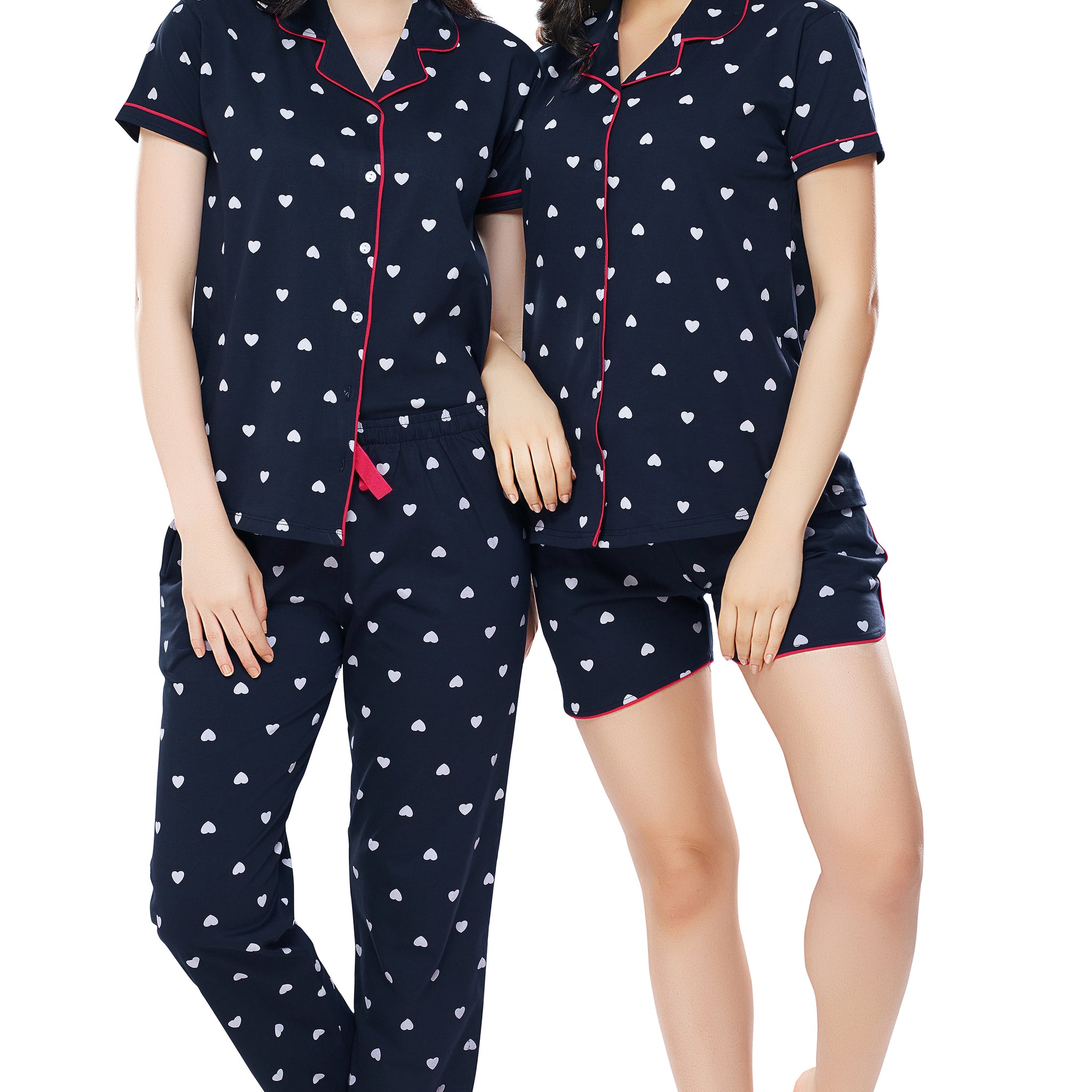 ZEYO Women's Cotton 3PCS Navy Blue Heart Printed Night suit set