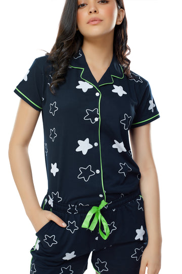 ZEYO Women's Cotton 3PCS Navy Blue (Green Piping) Star Printed Night suit set