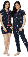 ZEYO Women's Cotton 3PCS Navy Blue (Pink Piping) Star Printed Night suit set