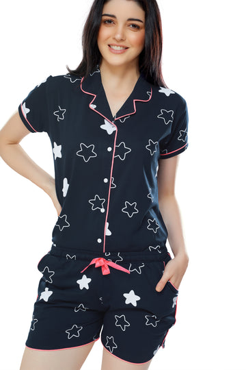 ZEYO Women's Cotton 3PCS Navy Blue (Pink Piping) Star Printed Night suit set