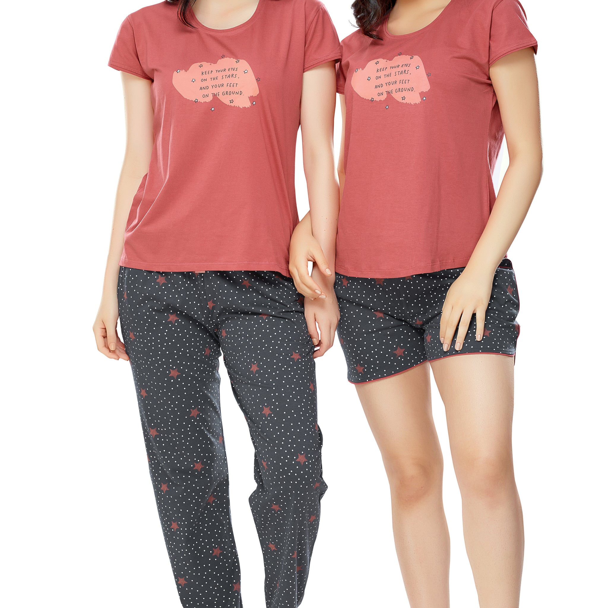 ZEYO Women's Cotton 3PCS Brown Star Printed Night suit set