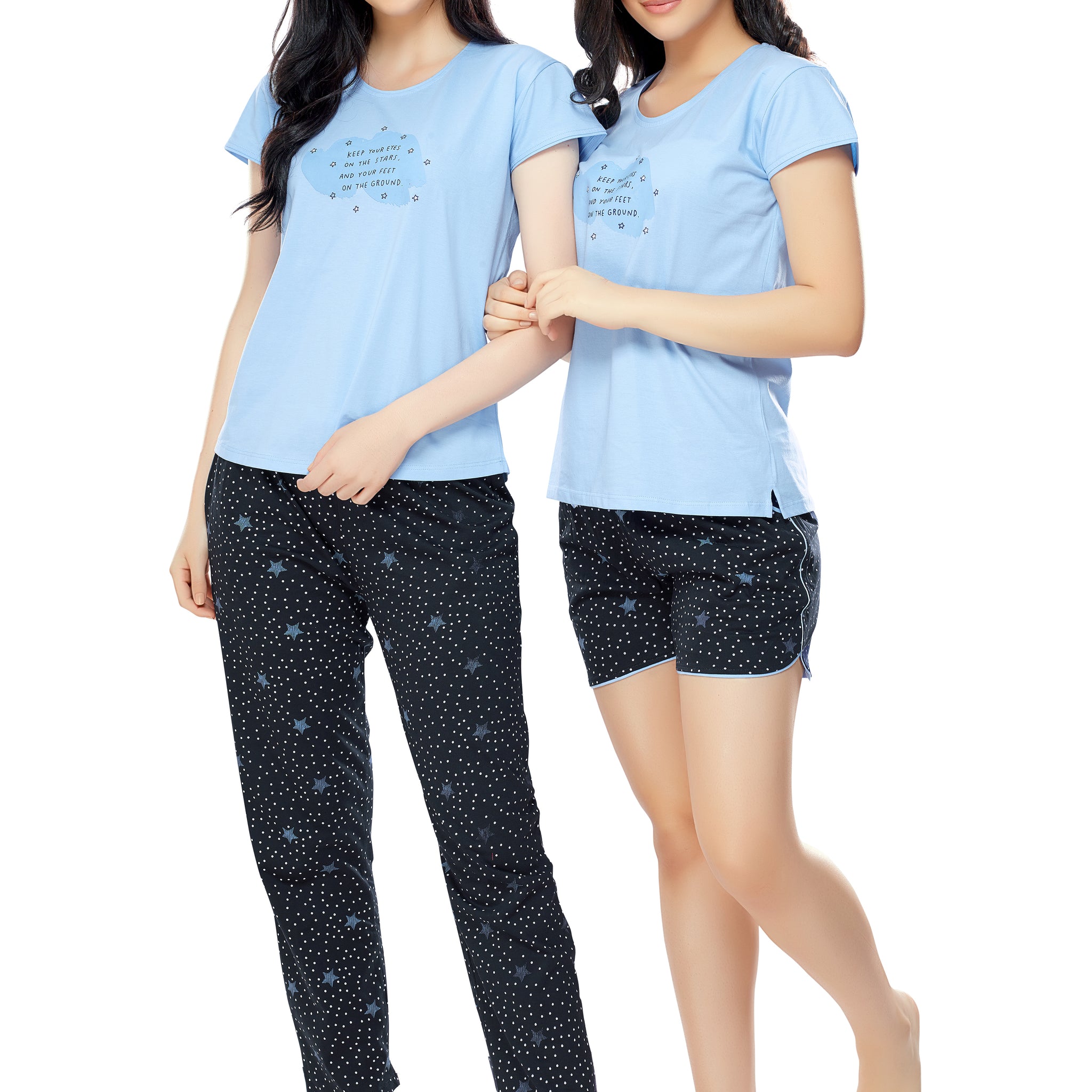 ZEYO Women's Cotton 3PCS Blue Star Printed Night suit set