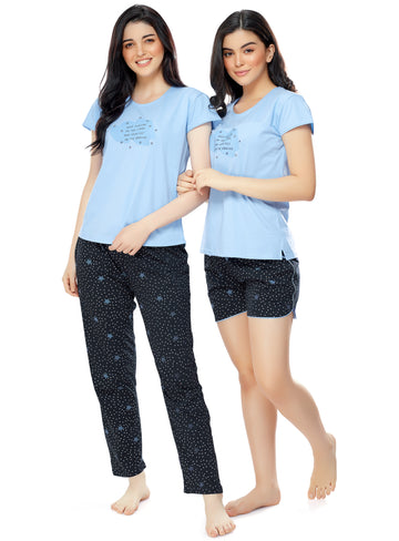 ZEYO Women's Cotton 3PCS Blue Star Printed Night suit set