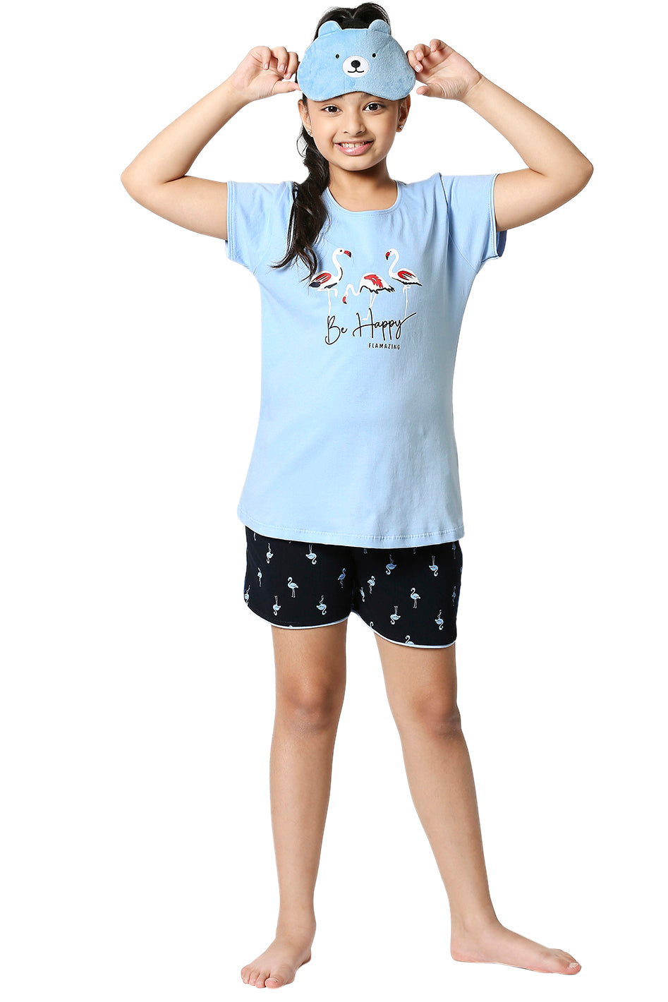 ZEYO Girl's Cotton Flamingo Printed Blue Night Suit Set of Top & Shorts