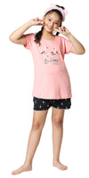 ZEYO Girl's Cotton Flamingo Printed Peach Night Suit Set of Top & Shorts