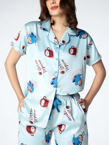 Zeyo Womens Satin Tea Cup Printed Night Suits Light Blue Shirt & Pyjama set