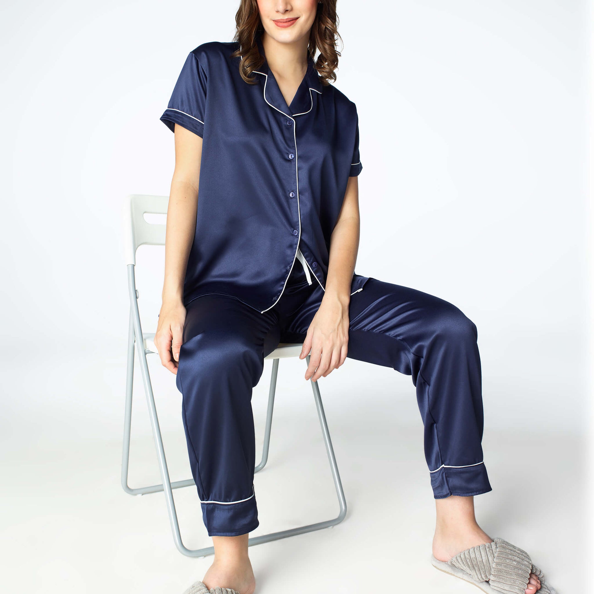 Zeyo Womens Satin Solid Plain Night Suits Dark Blue Shirt & Pyjama set