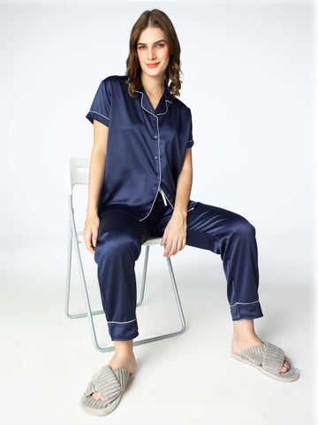 Zeyo Womens Satin Solid Plain Night Suits Dark Blue Shirt & Pyjama set