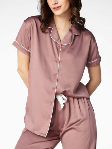 Zeyo Womens Satin Solid Plain Night Suits Brown Shirt & Pyjama set