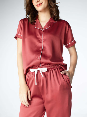 Zeyo Womens Satin Solid Plain Night Suits Red Shirt & Pyjama set