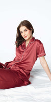 Zeyo Womens Satin Solid Plain Night Suits Red Shirt & Pyjama set
