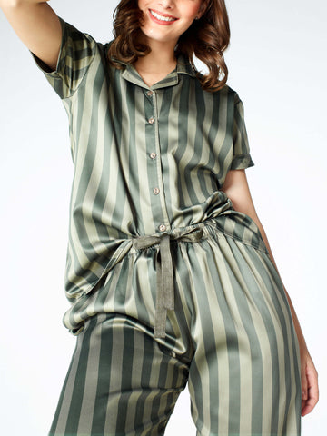 Zeyo Womens Satin Stripes Printed Night Suits Olive Green Shirt & Pyjama set