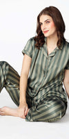 Zeyo Womens Satin Stripes Printed Night Suits Olive Green Shirt & Pyjama set