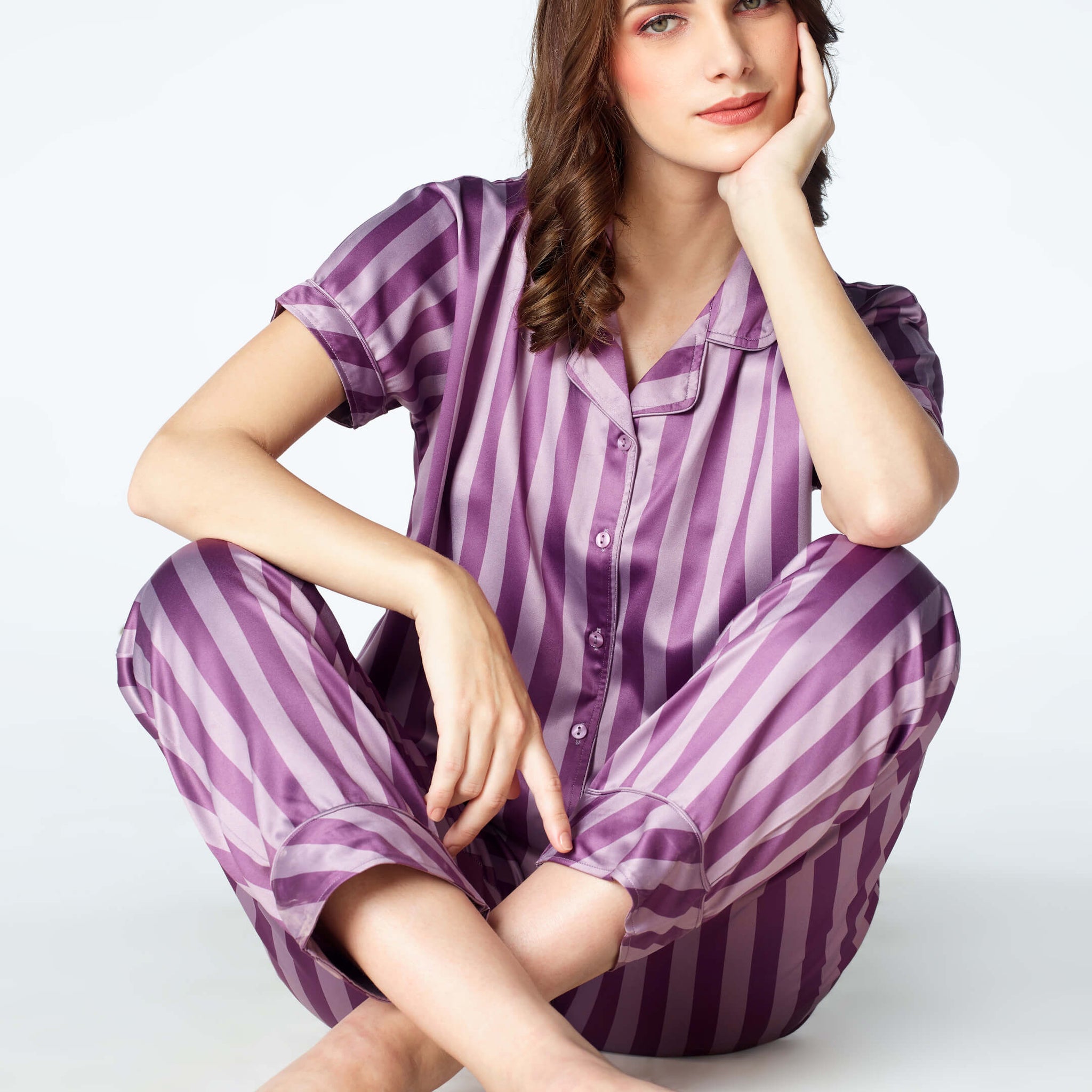 Zeyo Womens Satin Stripes Printed Night Suits Purple Shirt & Pyjama set