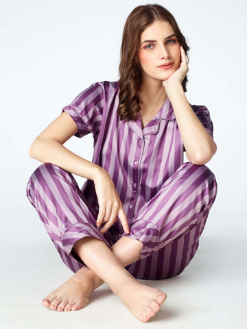Zeyo Womens Satin Stripes Printed Night Suits Purple Shirt & Pyjama set