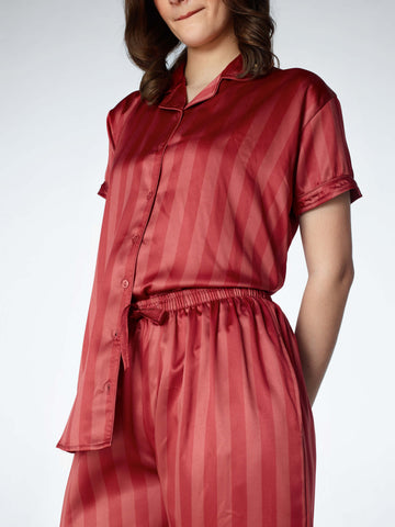 Zeyo Womens Satin Stripes Printed Night Suits Red Shirt & Pyjama set