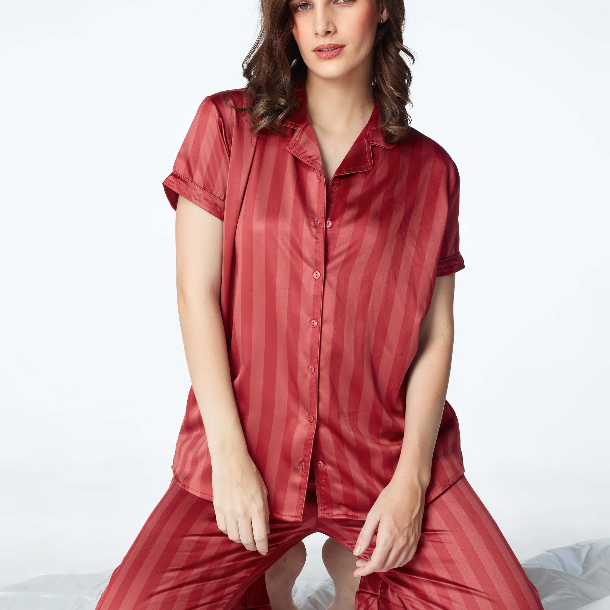 Zeyo Womens Satin Stripes Printed Night Suits Red Shirt & Pyjama set