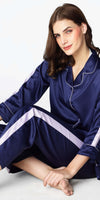 Zeyo Womens Satin Solid Plain Side Panel Night Suits Dark Blue Shirt & Pyjama set