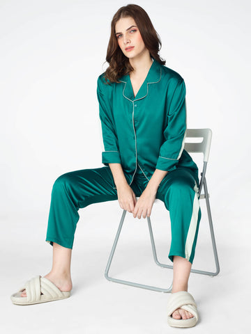 Zeyo Womens Satin Solid Plain Side Panel Night Suits Green Shirt & Pyjama set