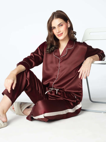 Zeyo Womens Satin Solid Plain Side Panel Night Suits Maroon Shirt & Pyjama set